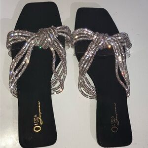 Sparkling Women’s Olivia Jaguar Black & Rhinestone Bedazzled Slipon Sandals 8.5
